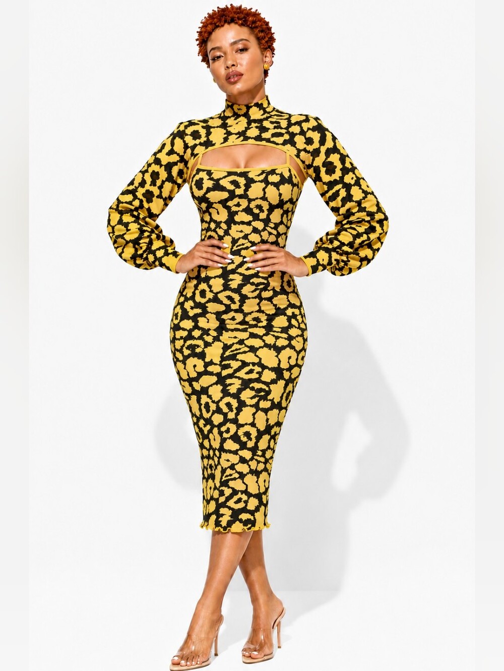 Yellow & Black Leopard Print 2-Piece Midi Dress & Bolero Set